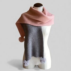 Rose gold and Heathered Grey Ribbed Knit Scarf with Pom Poms